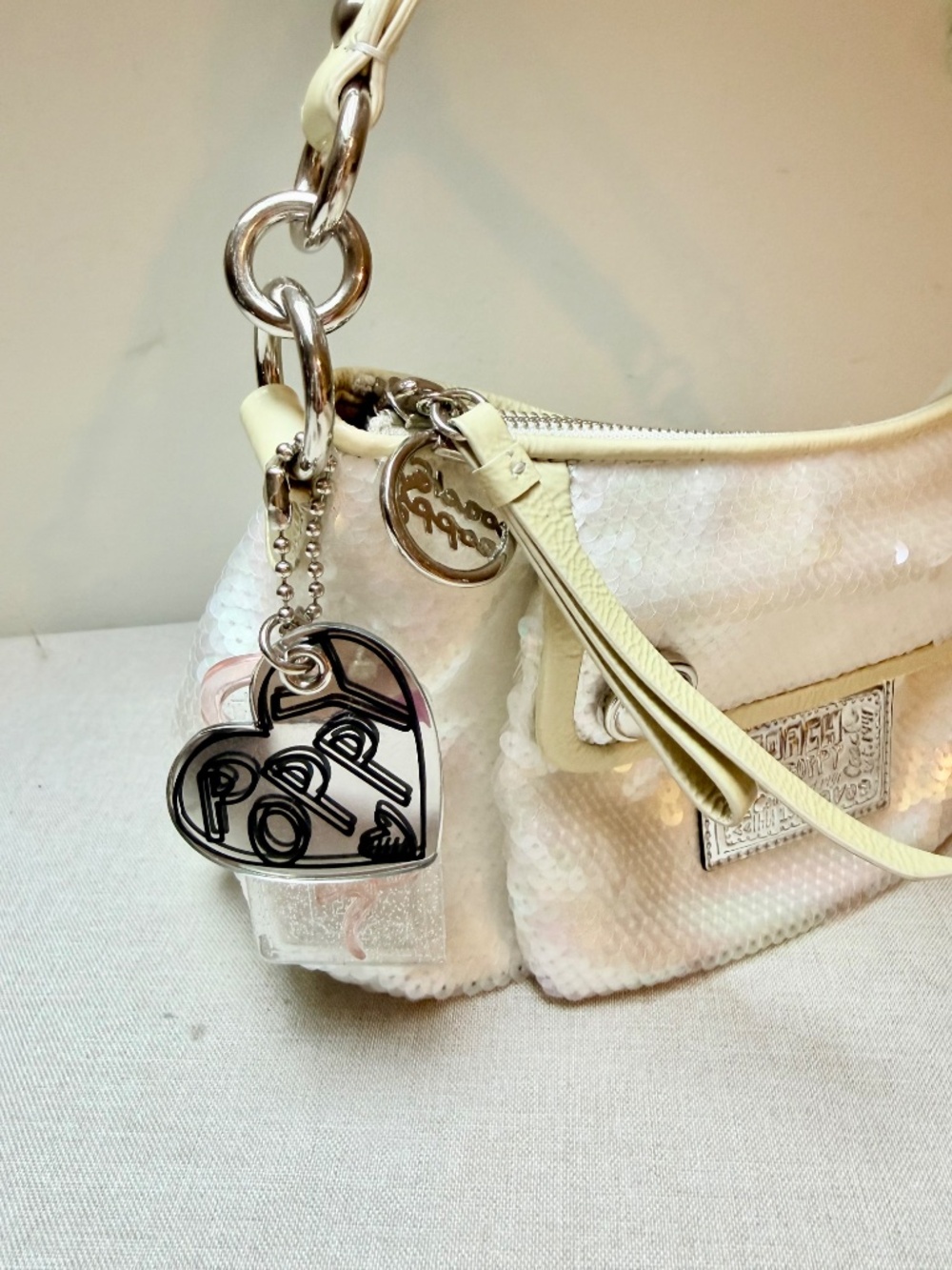 Coach Poppy White Sequin Bag Purse With Attached Charms Clean and Like New - Picture 3 of 15